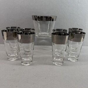 Vtg MCM Silver Rim Highball Glasses Set of 8 & Ice‎ Bucket Dorothy Thorpe Style